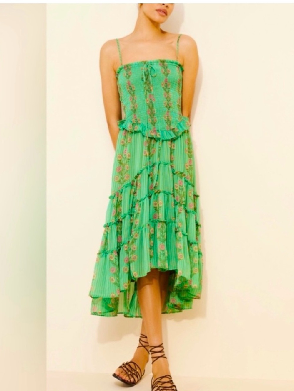 Free People Alejandra Green Striped Floral Smocked Midi Dress